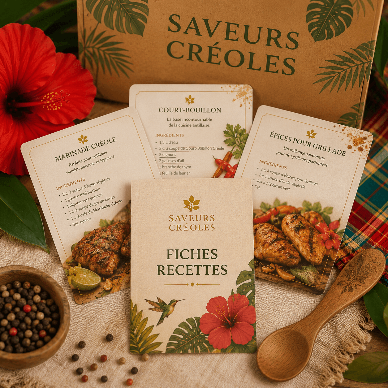 Fiches recettes créoles illustrées incluses dans la Mini Box Créole